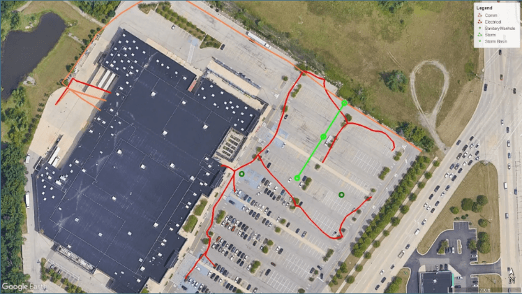 Aerial site map with located underground utilities marked